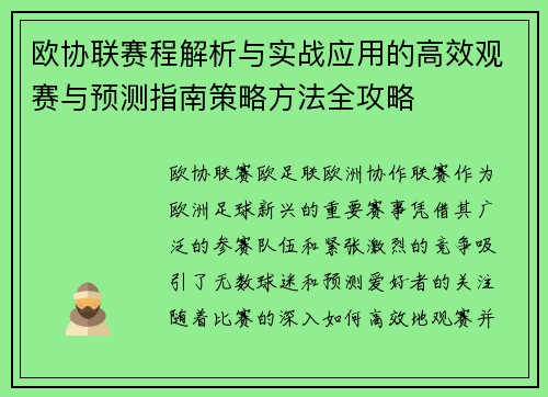 欧协联赛程解析与实战应用的高效观赛与预测指南策略方法全攻略